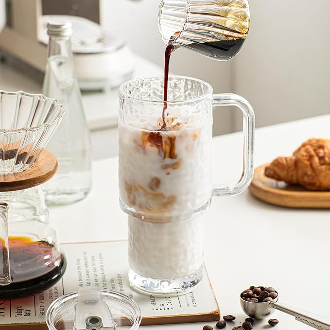 INSETLAN 26oz Water Ripple Glass Tumbler with Handle and Lid, Set of 2 – Reusable Iced Coffee Cups with Lids, Clear Glass Cups with Straw for Coffee, Smoothies, Tea, Juice – Perfect for any Occasion
