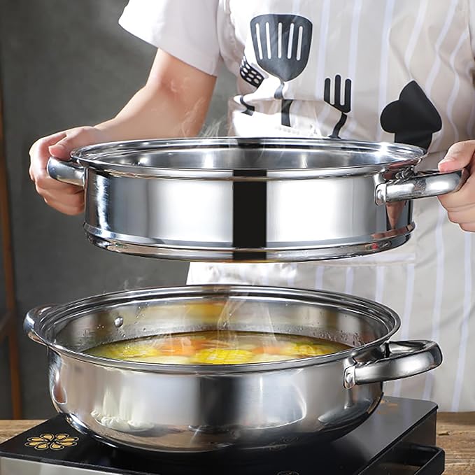 Steamer Pot for Cooking,Stainless Steel Steamer Pot,11 inch Steam Pots with Lid 2-tier for Cooking Veggies Fish Seafood Noodles, Pasta, Food