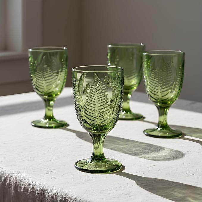 Green Glass Goblets Set of 4, 10 oz Stemmed Wine Glasses, Handcrafted Vintage Green Glassware, Fern Embossed Colored Stemware, Boho Aesthetic Textured Drinkware, Retro Home Decor Christmas Gift Set