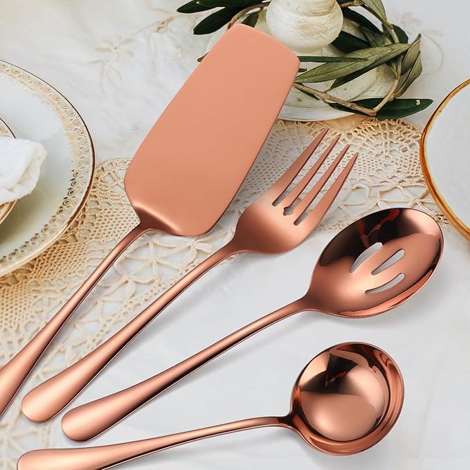 Copper Utensils Serving Set Rose Gold Stainless Steel Flatware Cake Knife Sever Fork Large Spoon Spatula Catering Silverware Complete 7 Pieces for Home Party Buffet
