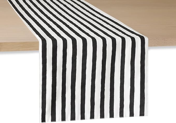 Kate Spade New York Hand Painted Shirting Stripe Reversible Table Runner, 100% Cotton, Cream/Black, 15"x72"