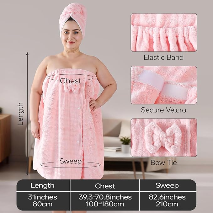 REDKISS Pink Towel Wrap for Women, XL Spa Shower Wrap with Hair Towel, Super Absorbent Bath Towels Robe for Body, Adjustable Microfiber Plush Bathrobe for Girls, Warmth Velcro Plus Size Wraps Towels