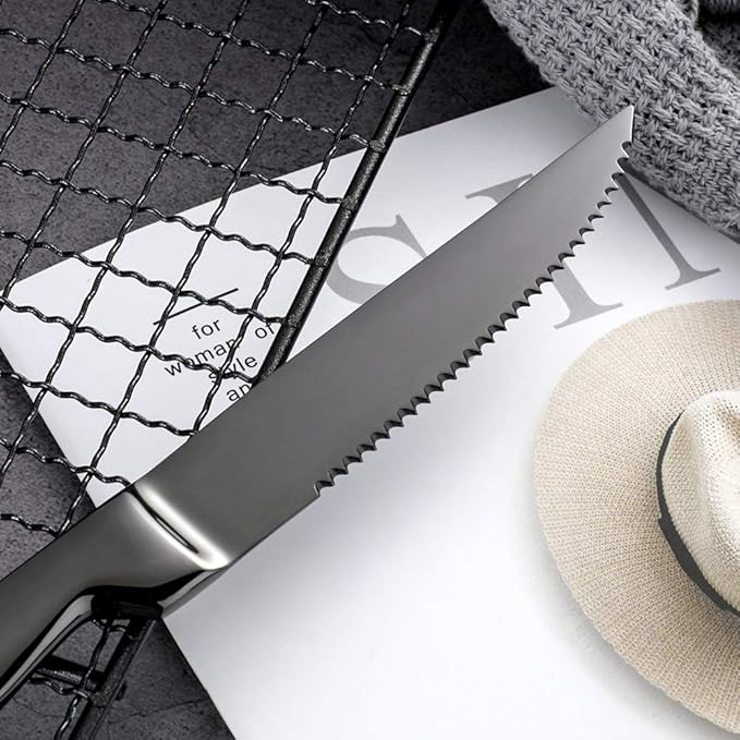 Steak Knife Set, 4-Piece Serrated Black Steak Cutlery Steak Knife, Stainless Steel Steak Cutlery Knife for Home, Restaurant, Hotel, 22cm