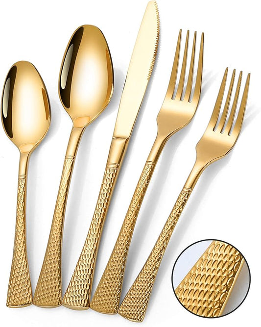 Lemeya Hammered Gold Silverware Set,20 Piece Modern Flatware Set Service for 4,Mirror Polished Stainless Steel Cutlery Set Utensil Set Tableware Set,Kitchen Knives Forks Spoons Set,Dishwasher Safe