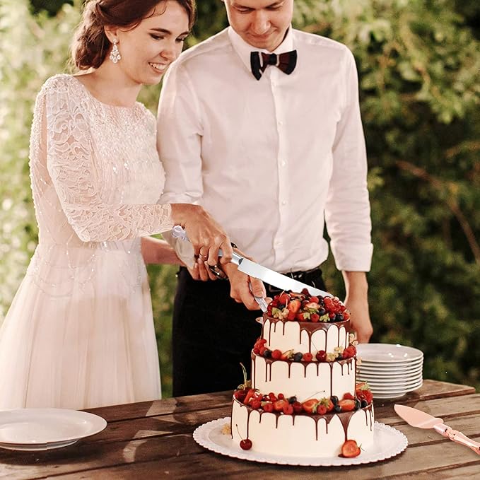 Homi styles White Elegant Cake Knife and Server Set, Cake Cutter and Pie Spatula, Cake Server and Knife Set of 2 with Thick Blades,Rustic Wedding Cake Cutting Set, Birthdays, Anniversaries,Parties