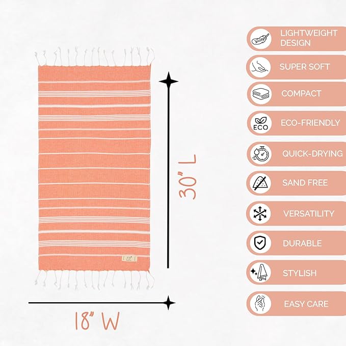 Turkish Hand Towels - Set of 2, 18" x 30" inches, Bathroom & Decorative Cotton Hand Towels or Kitchen Dishcloth, Tea, Yoga, Face, Gym (Orange)