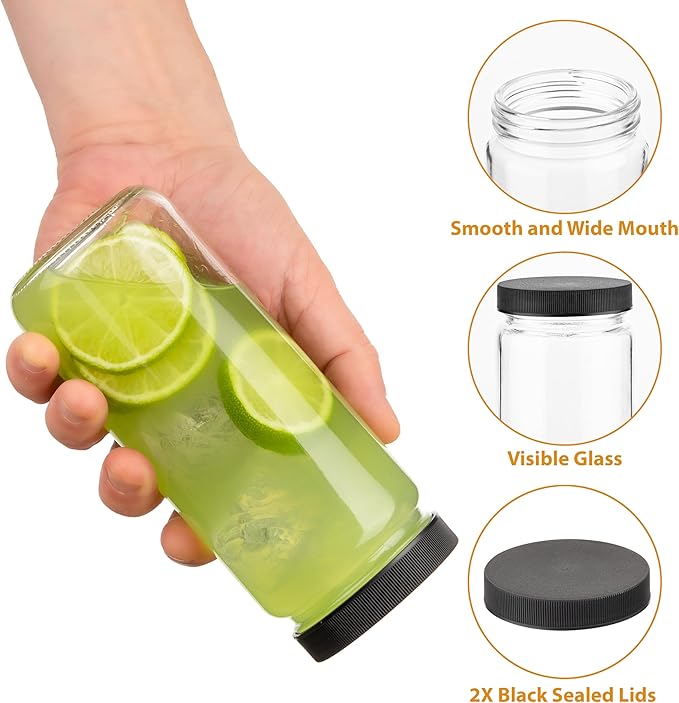 Glass Juice Bottles with Lids and Straws, 16 Oz - Set of 2 Reusable Clear Cups - For Drinking Smoothie, Iced Coffee, Juicing, Matcha, Water, Kombucha and More