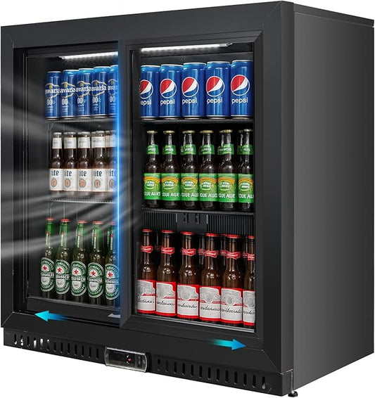 Commercial Back Bar Cooler with 2 Glass Sliding Doors, 7.4 cu.ft Under Counter Beverage Refrigerator, LED Lighting - ETL Beer and Wine Cooler for Bar, Restaurant, Garage, Office, Home