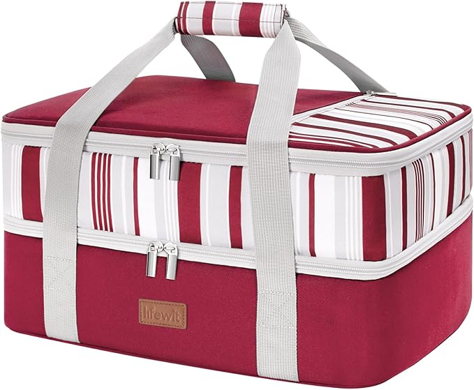 Lifewit Double Decker Insulated Casserole Carrier for Hot or Cold Food, Casserole Dish with Lid and Carrying Case, Lasagna Holder for Potluck Parties/Picnic/Cookouts, Fits 9"x13" Baking Dish, Red