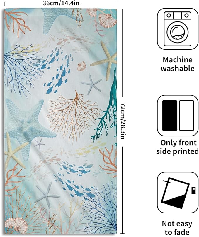 Imiss Nautical Coastal Starfish Bathroom Towels 14.4 x 28.3 Inch Ocean Themed Seashell Coral Decorative Soft Small Bath Fingertip Towels Set of 2 for Home Kitchen Hotel Decor