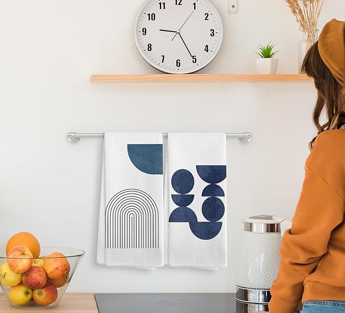 Boho Navy Blue Line Kitchen Towels and Dishcloths Set of 2, Boho Dish Towels, Bohemian Decorative Boho Blue Hand Towels for Bathroom Kitchen, 16×24 Inches