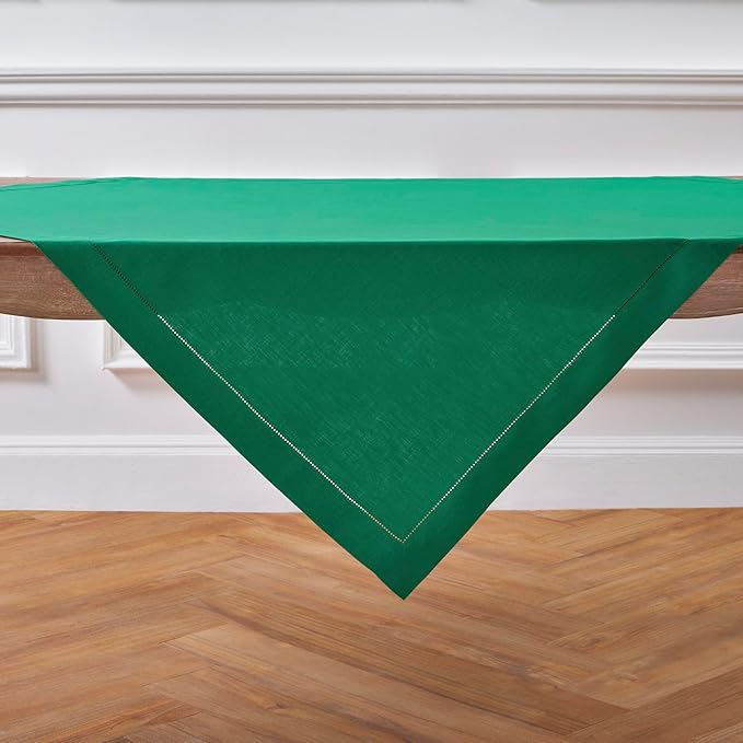 Solino Home Linen Emerald Green Tablecloth 52 x 52 Inch - 100% Pure Linen Square Table Throw - Classic Hemstitch, Machine Washable Table Cloth for New Year