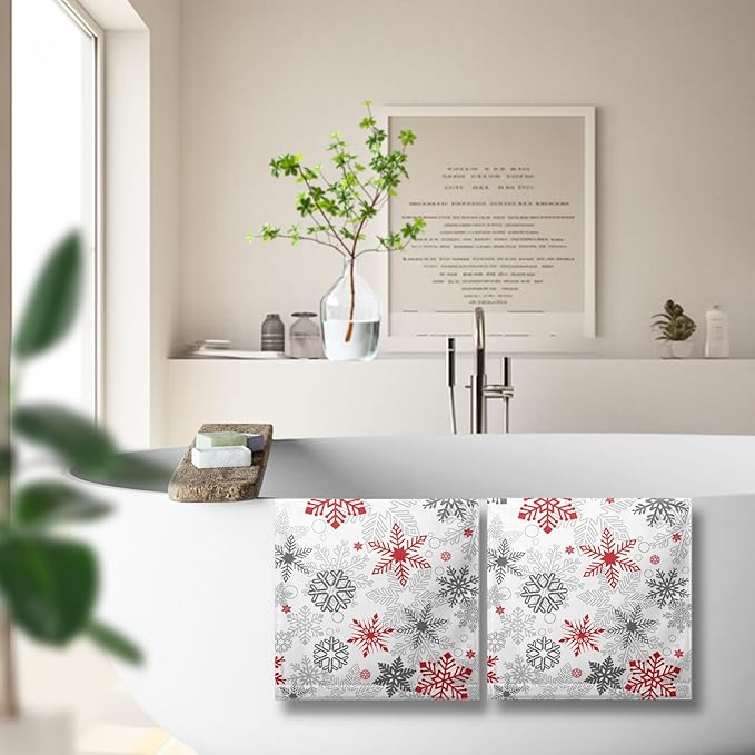 Snowflakes Winter Kitchen Dish Towels Gray Red Snow Hand Towels for Bathroom Xmas Decorations Tea Towel Soft Portable for Home Accessories