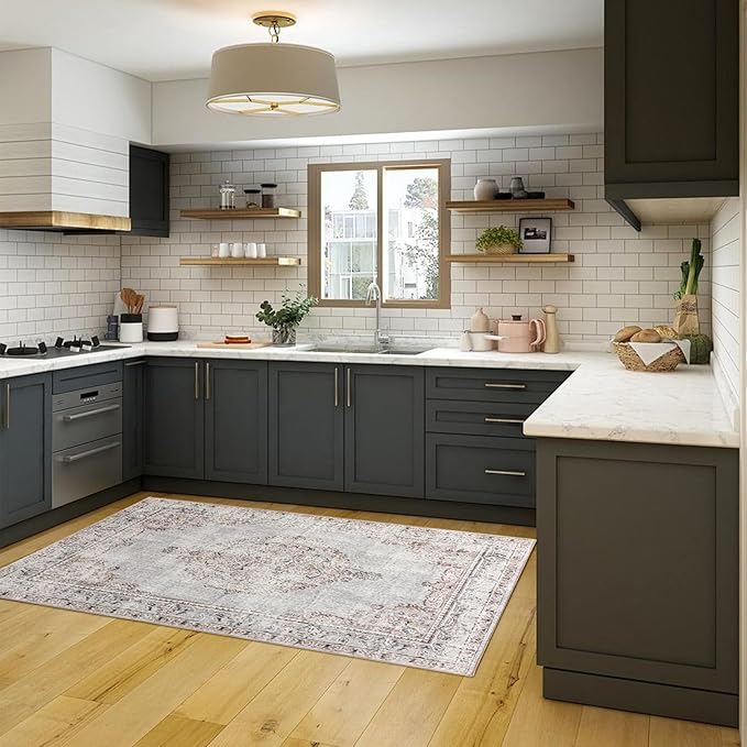 Easy-Going Area Rug 5x7 Washable Boho Rugs for Living Room Non-Slip Bedroom Rug Low Pile Lightweight Vintage Distressed Throw Rug for Dining Room Kitchen Home Office Carpet, Grey Brick