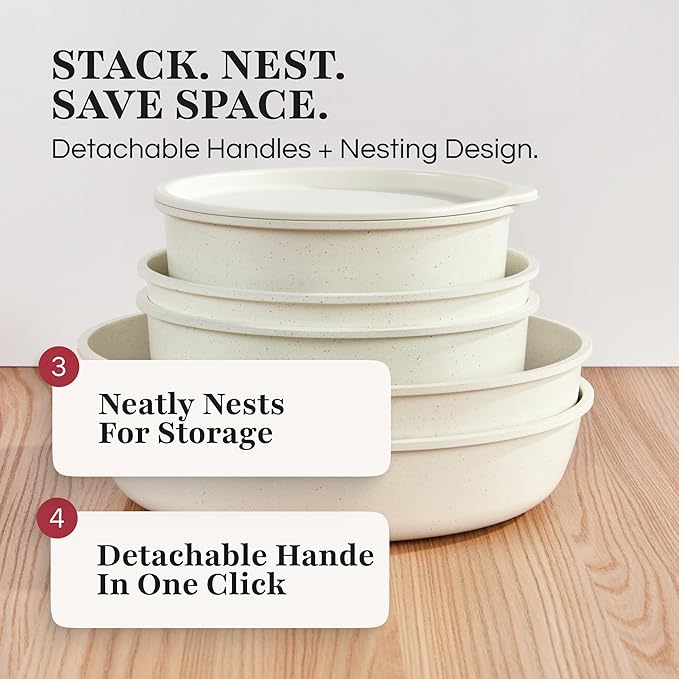 GOURMETIFIC® Pots and Pans Cookware Set [11 PIECES] - Non Toxic Ceramic Coated Cooking Ware - Induction, Gas & Oven Kitchenware - Non Stick Pot & Pan with Removable Handles & Stackable (Lavender)