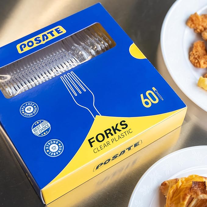 POSATE Heavy Duty Plastic Forks, Clear Disposable, Pack of 60