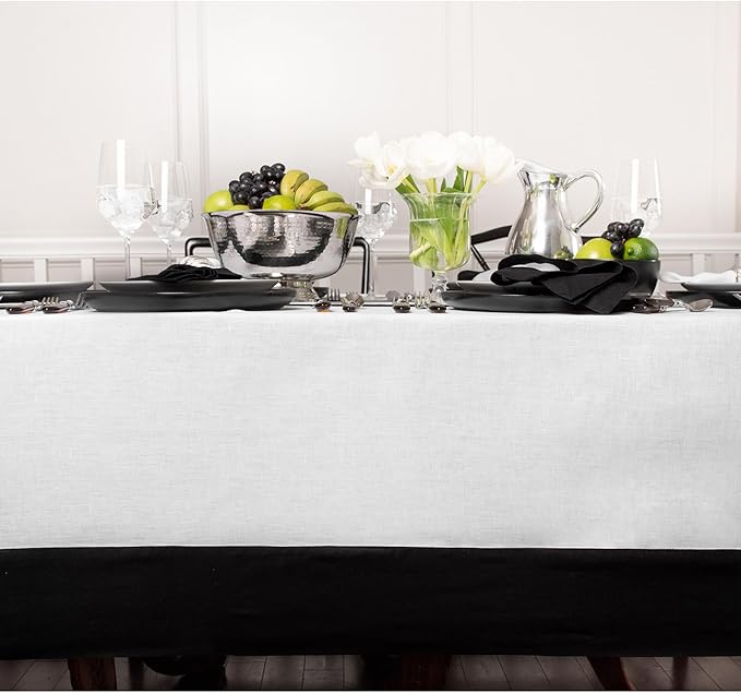 Solino Home Linen Tablecloth 60 x 90 Inch - 100% Pure Linen Black and White Tablecloth for Rectangle Tables - Contempo, Machine Washable Table Cloth for Winter, Holiday