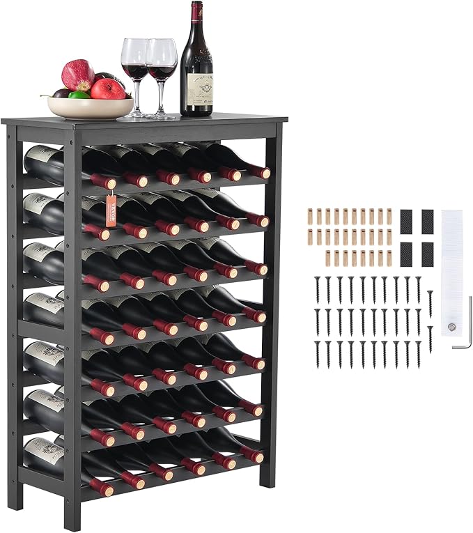 VEVOR 42 Bottle Modular Wine Rack, 7-Tier Solid Bamboo Wood Storage Racks with Table Top, Floor Freestanding Wines Holder Display Shelf, Wobble-Free Shelves for Kitchen, Bar, and Cellar (Black)