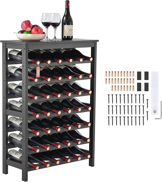 VEVOR 42 Bottle Modular Wine Rack, 7-Tier Solid Bamboo Wood Storage Racks with Table Top, Floor Freestanding Wines Holder Display Shelf, Wobble-Free Shelves for Kitchen, Bar, and Cellar (Black)