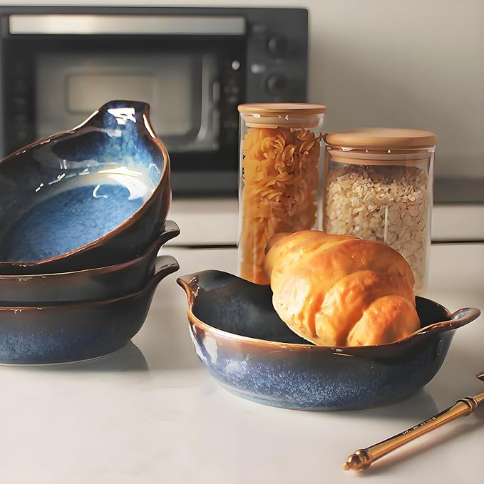 Ceramics Au Gratin baking Dishes Set of 4, Baking Tray Bake ware, 8.6 oz Ramekins, for Pie Pan, Appetizer, Tart, Dessert, Quiche, Oven Small dish, individual dishes, Round 7.5 Inch