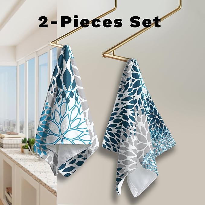Blue Gray Dahlia Flowers Hand Towels Navy Floral Kitchen Towel Soft Decorative Dish Towels Absorbent Durable Tea Towel Set for Bathroom Kitchen Decor Hotel