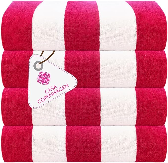 CASA COPENHAGEN Cabana Towel Designed in Denmark Rough and Tough, Quick Dry, Beach, Pool, Bath & Shower 30x60 inches 4 Pieces Cotton Beach Bath Towels Set - Pink