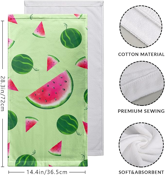 Watermelon Cotton Kitchen Towel Set of 2 Green Tropical Fruits Hand Towels Summer Dish Towel Reusable Portable Drying Baking Tea Towel for Kitchen Home Cleaning Bath Decor