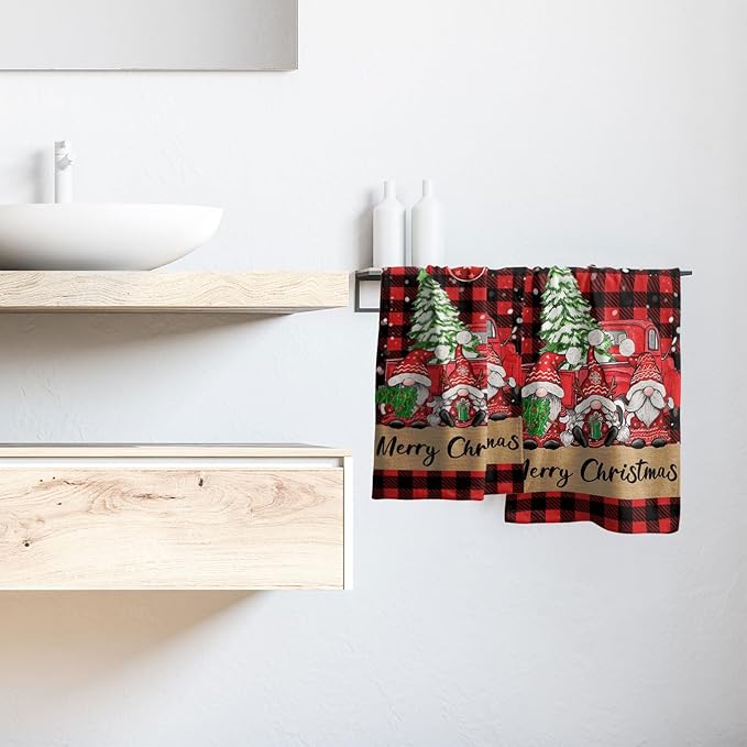 Imiss Merry Christmas Hand Bath Towels 2 Pcs Gnome Truck Xmas Tree Red Black Buffalo Plaid Kitchen Dish Towels for Holiday Decor Bathroom Hotel Gym Spa