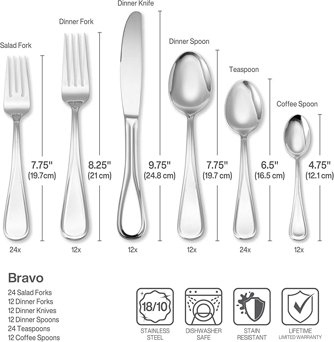Mikasa Bravo 101 Piece Silverware Set, 18/10 Stainless Steel Flatware Service for 12, Includes 5 Piece Serving Set and 12 Extra Coffee Spoons
