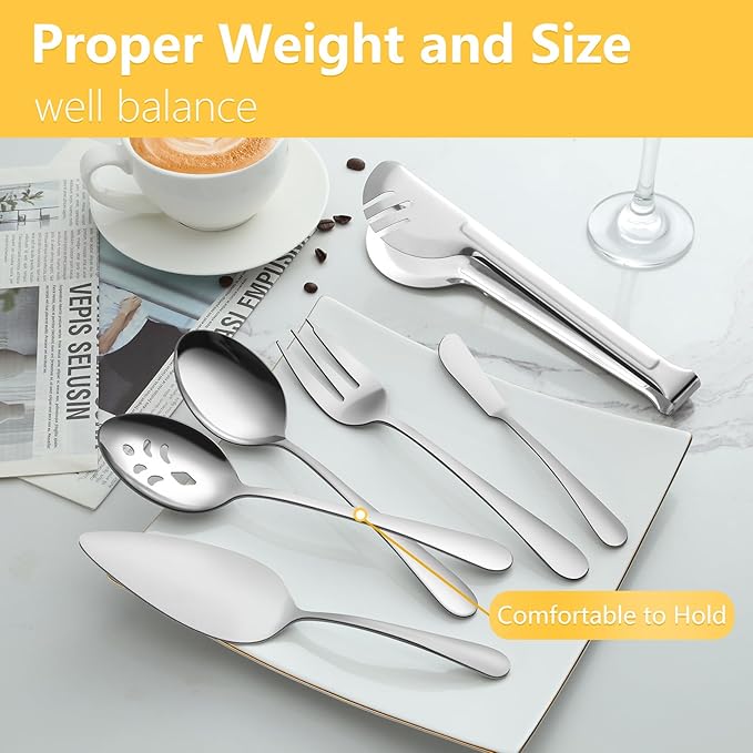 Pleafind 18-Piece Stainless Steel Utensil Set - Serving Spoons, Slotted Spoons, Forks, Tongs, Pie Server, Butter Knife for Parties & Banquets