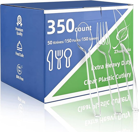 350pc Heavy Duty Plastic Silverware Set: 150 Forks/150 Spoons/50 Knives | Commercial Plastic Forks Spoons Knives BPA-Free & Temp-Resistant | Bulk Disposable for Party Catering Events