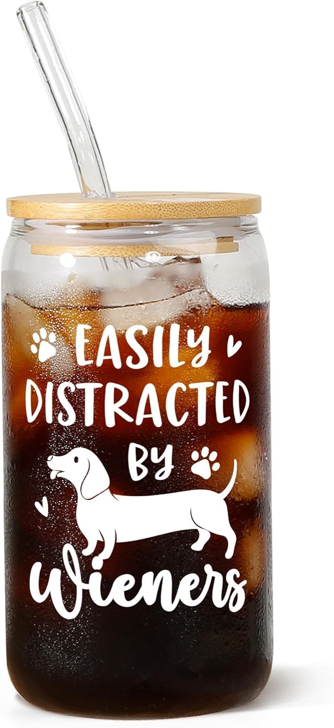 SteadStyle Christmas Dachshund Gifts for Women, Dog Lovers - Glass Drink Cup with Bamboo Lid & Straw (16oz), Birthday Mothers Day Gift For Dackel Owners & Puppy Lovers, Weiner Dog Gifts for Women Mom