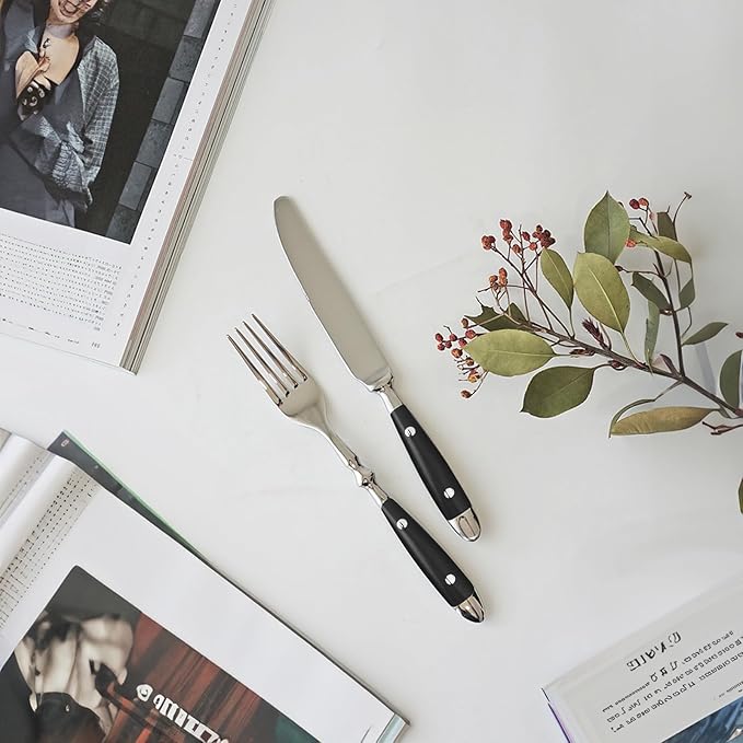 Silverware Set For 8 with Two Rivets, Vintage 40-Piece Everyday Flatware Set with Black Bakelite Handle, Stainless Steel Cutlery Set, Dishwasher Safe, Knives Spoons and Forks Set