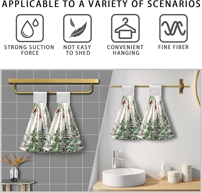 Winter Holly Green Hanging Kitchen Towels Xmas Tree Hand Tie Towel Cardinal Christmas Hanging Dish Towels Soft Absorbent Washcloth for Kitchen Bathroom Laundry