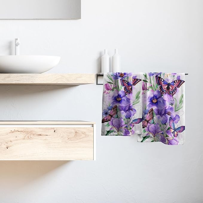 Imiss Purple Floral Butterfly Hand Face Towel 14.4 x 28.3 Inch Set of 2 Watercolor Botanical Plant Leaves Decor Bathroom Fingertip Multipurpose Towels for Home Hotel Gym Spa