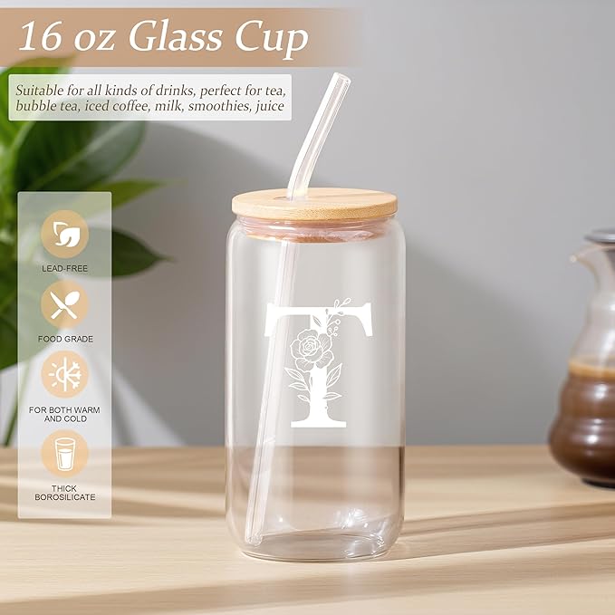 Personalized Gifts for Women, Monogrammed Gifts for Women, Initial 16 oz Glass Cups With Lids and Straws, Customized Mug, Personalized Birthday Gifts Christmas Gifts for Her Mom Friend Woman, T