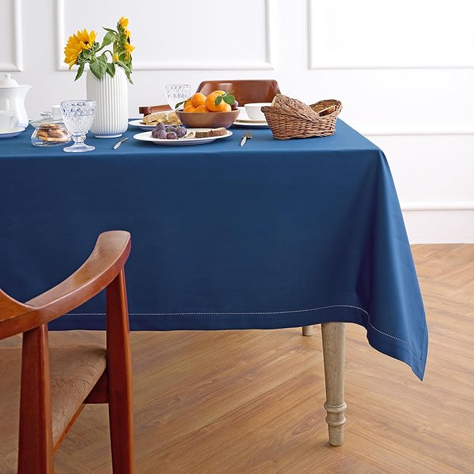 Solino Home Lapis Blue Tablecloth 58 x 120 Inch - Cotton Linen Hemstitch Rectangular Tablecloth - Machine Washable Table Cloth for Winter