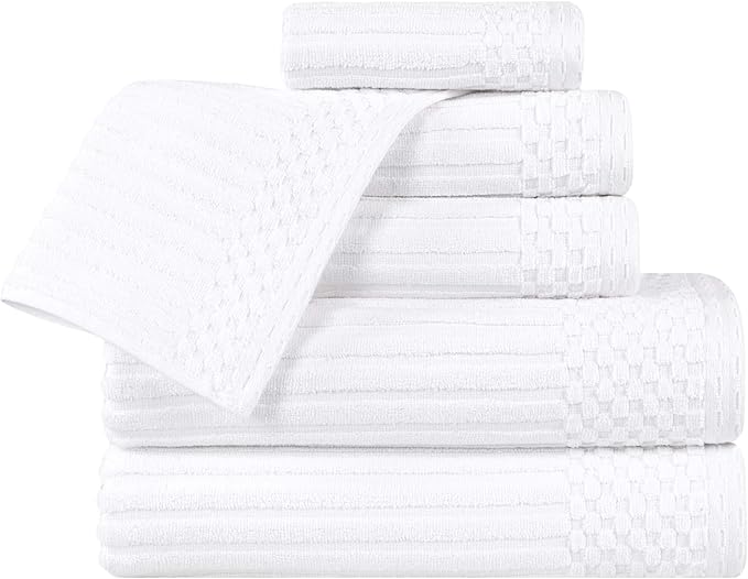 Cotton 6-Piece Solid and Ribbed Towel Set, Face Towels 13” x 13”, Hand Towels 16” x 28”, Bath Towels 27” x 54”, White by Superior