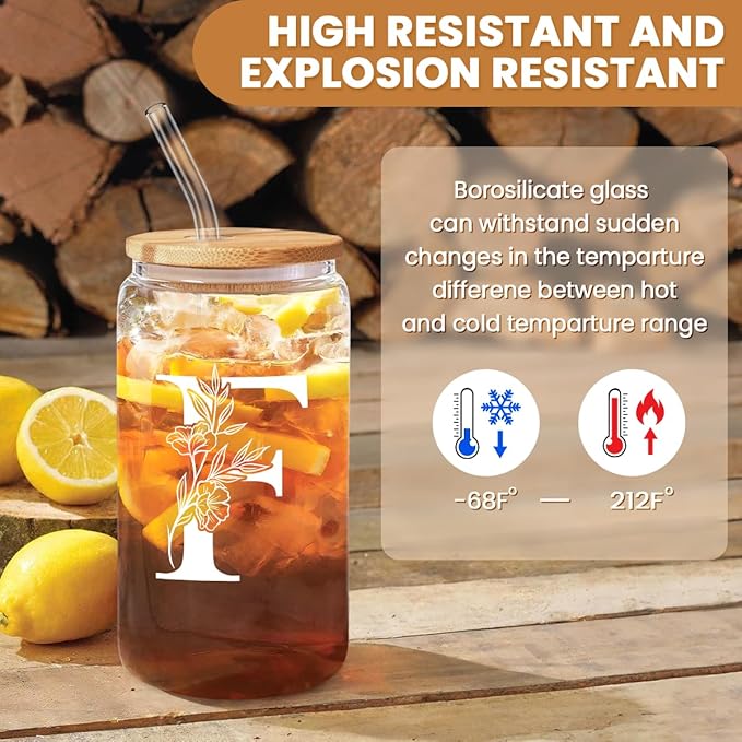 SANDJEST Monogrammed Gifts for Women - Monogram F Initial Glass Cup 16 Oz Can Coffee Cups with Lid and Straw - Monogram Initials Gifts for Womens on Birthday