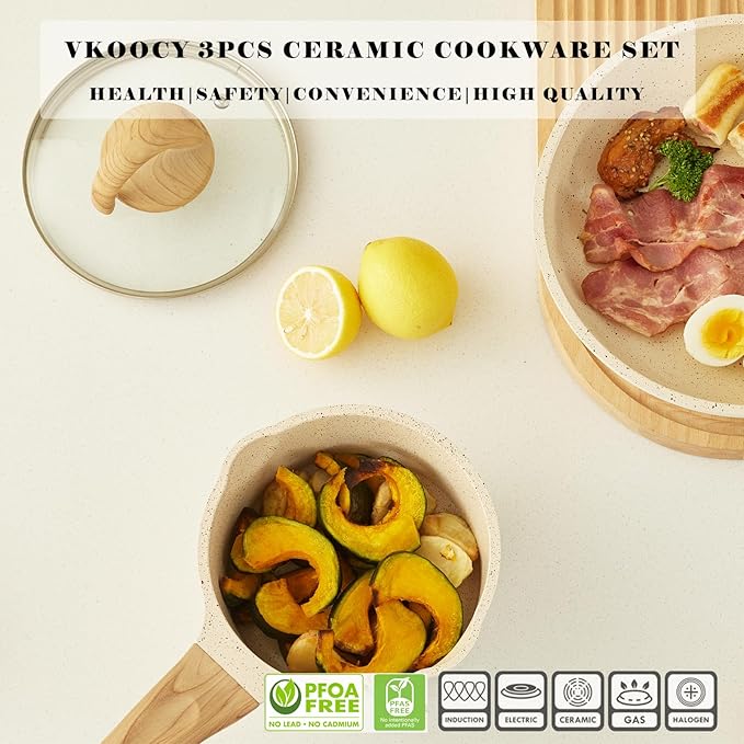 Non Stick Pots and Pans Set Ceramic Cookware Set with Granite Dot, 3pcs Kitchen Cooking Sets Frying Pan Saucepan, No PTFE, No PFAS, Bright Cream