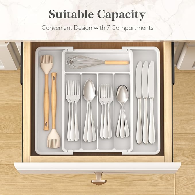 Lifewit Silverware Drawer Organizer, Expandable Utensil Tray for Kitchen, BPA Free Flatware and Cutlery Holder, Adjustable Plastic Storage for Spoons Forks Knives, 8.5"-14.1" x 12.1", White
