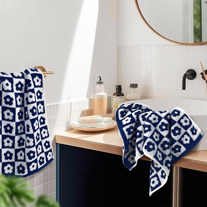 Jacquotha Cotton Hand Towels Navy Checkered Floral - Quick Drying Hand Towel Set of 4 for Kitchen Bathroom Decor, 29” x 13”