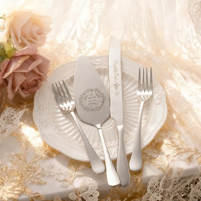 4 Piece Wedding Cake Cutting Set, Knife and Server with Forks, Elegant Wedding Cake Knife and Server Set for Bride and Groom(Silver)