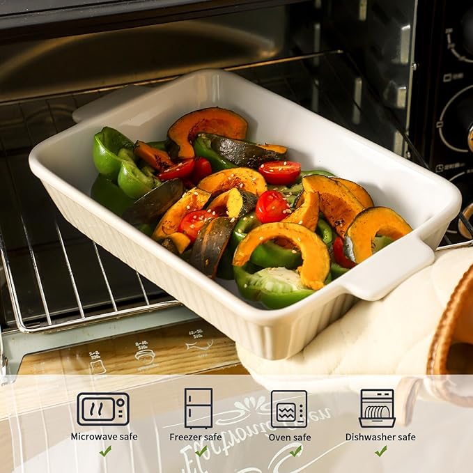 Hasense Rectangular Casserole Dishes for Oven, Ceramic Baking Dish, Baking Pans Set of 3, Lasagna Pan with Handle, Microwave & Dishwasher Safe, Wedding Mother's Day Gift, White(15"/12.2''/8.3'')