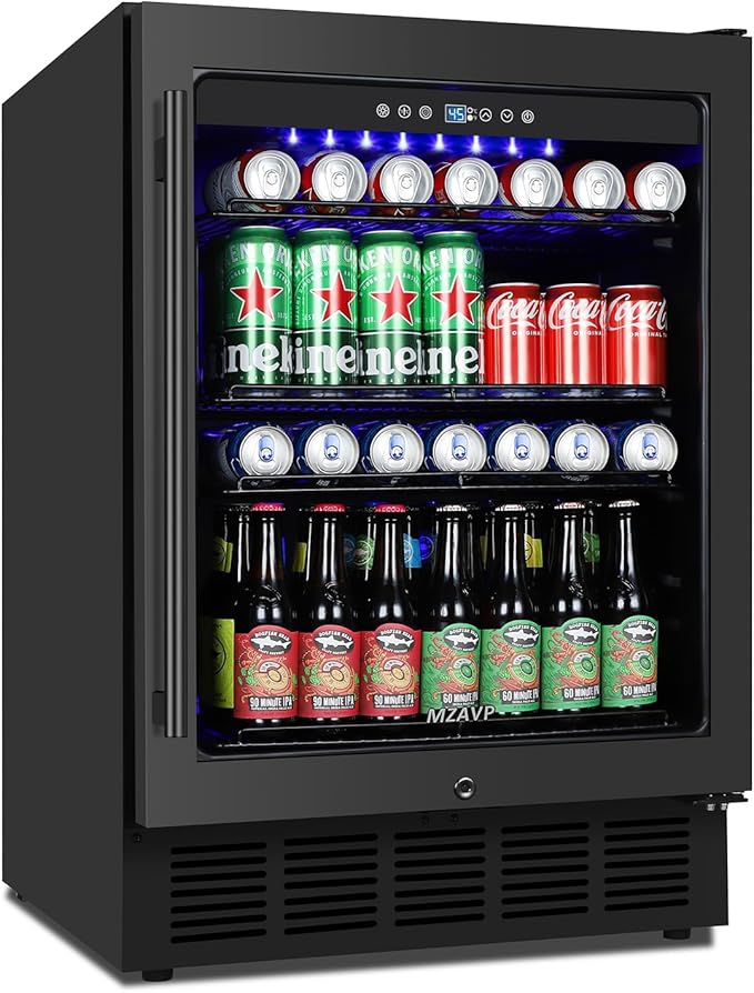 24 Inch Wide Beverage Refrigerator, Under Counter 24" Beverage Cooler with Glass Door, 180 Cans Drink Fridge Built-in/Freestanding Beer Fridge with Powerful Cooling for Home/Kitchen, Black