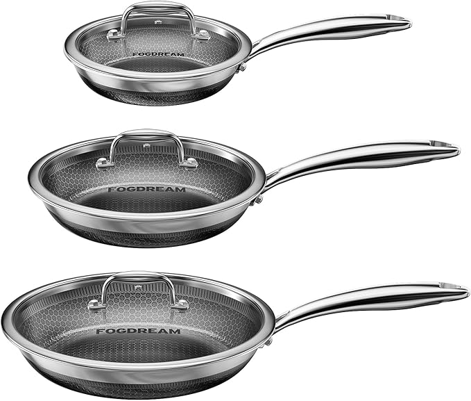 Fogdream 8"10"12" Stainless Steel Pan, Non Stick Frying Skillet with Lid, Tri-Ply Stainless Steel for All Cooktops, Dishwasher and Oven-Safe Cooking Pan, Stay-Cool Handle, Silver