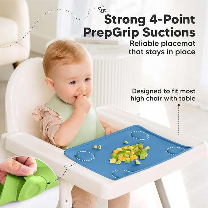 KeaBabies 2-Pack Silicone Placemats for Toddlers - 12x9 Non Slip Suction Baby Silicone Placemat for Kids Eating, Easy to Clean, Busy Travel Baby Mat for Dining Table, Food Grade/BPA-Free (Kea)