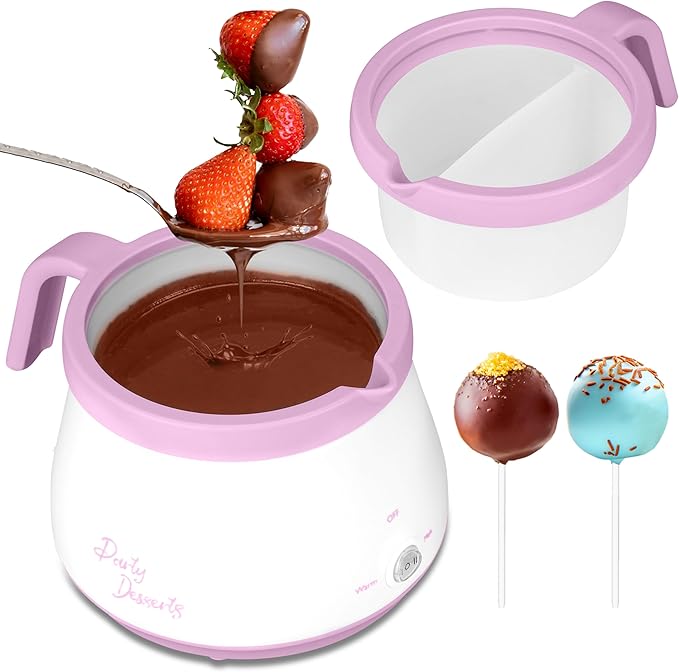 Candy and Chocolate Melting Pot with 2 Pots, Mini Electric Fondue Pot, Melts Candy Chocolate in a Couple of Minutes, Ideal for Cake Pops Cookies Cakes, 2.5 Cups, Pink