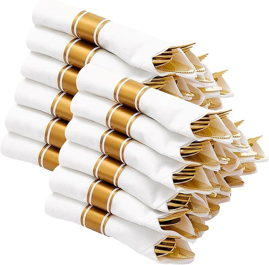 N9R 120 Pack Pre Rolled Gold Plastic Silverware Set, Wrapped Plastic Silverware Set with 120 Forks, 120 Knives, 120 Spoons and 120 Napkins, Disposable Cutlery Set for Party and Wedding