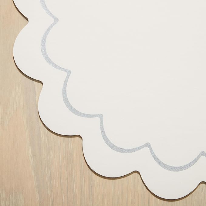 Kate Spade New York Scallop Edge Round Reversible Placemats 6-Pack Set, Imitation Leather with Metallic Print, Water Resistant, Easy Wipe Clean, White/Silver, 15" Round